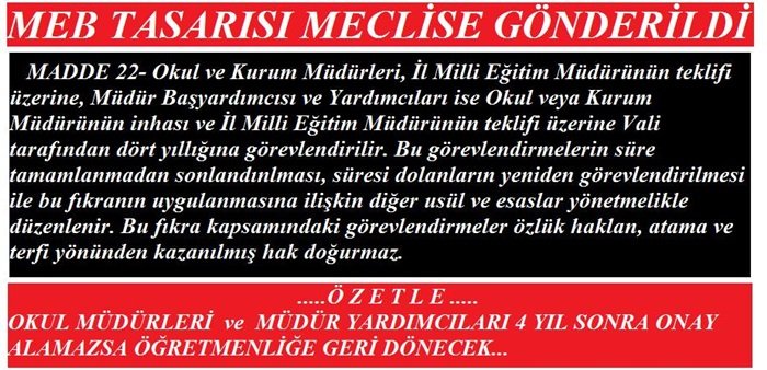 YENİ MEB TASARISI KABUL EDİLİRSE OKUL MÜDÜRLERİNİ  TERLEYECEK