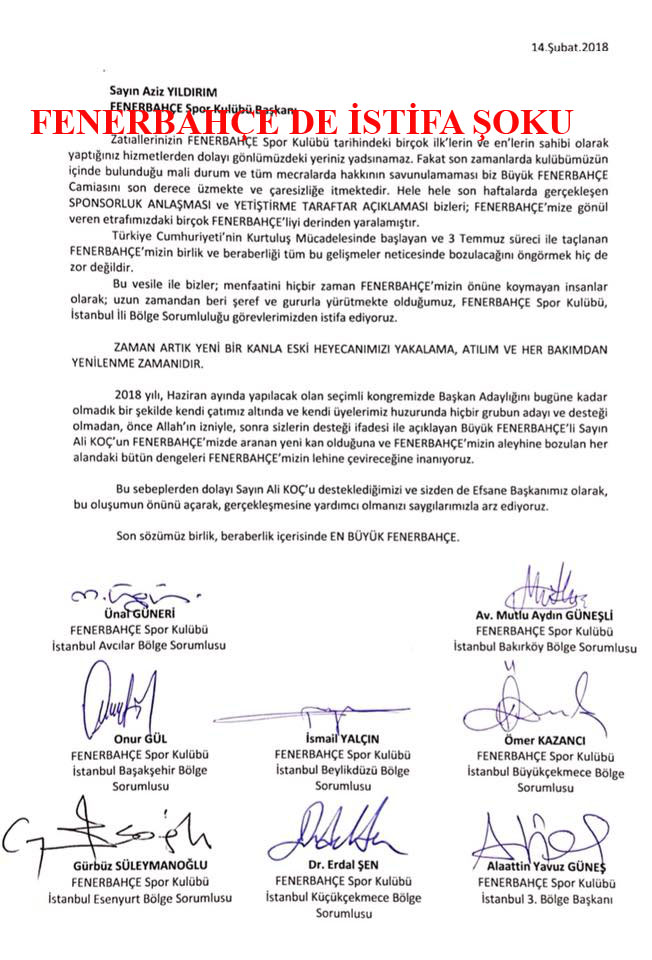 FENERBAHÇE’DE 3. BÖLGEDEN ALİ KOÇ İSTİFASI