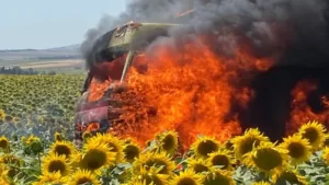 Buğday yüklü kamyon alev alev yandı