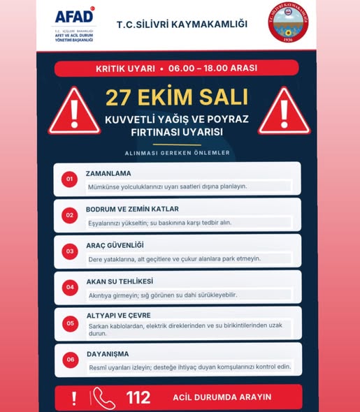 İLÇEMİZ İÇİN OLUMSUZ HAVA ŞARTLARI UYARISI